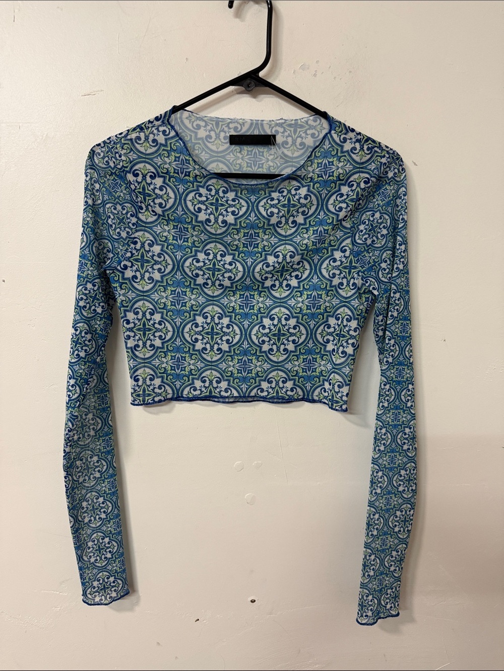 RtA Blue and Green Tile-Pattern Long-Sleeve Crop Top